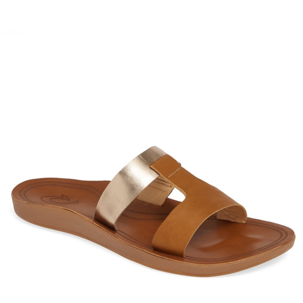 Olukai Kaekae Lile Sandals, Tan and Gold Metallic